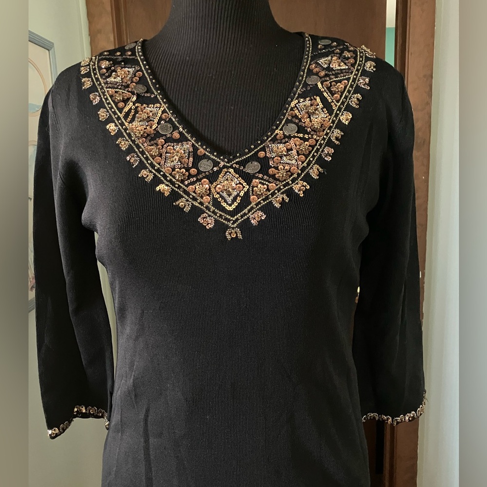 Joseph A V Neck Black Sweater Size Large Embellished with Beads and Sequins